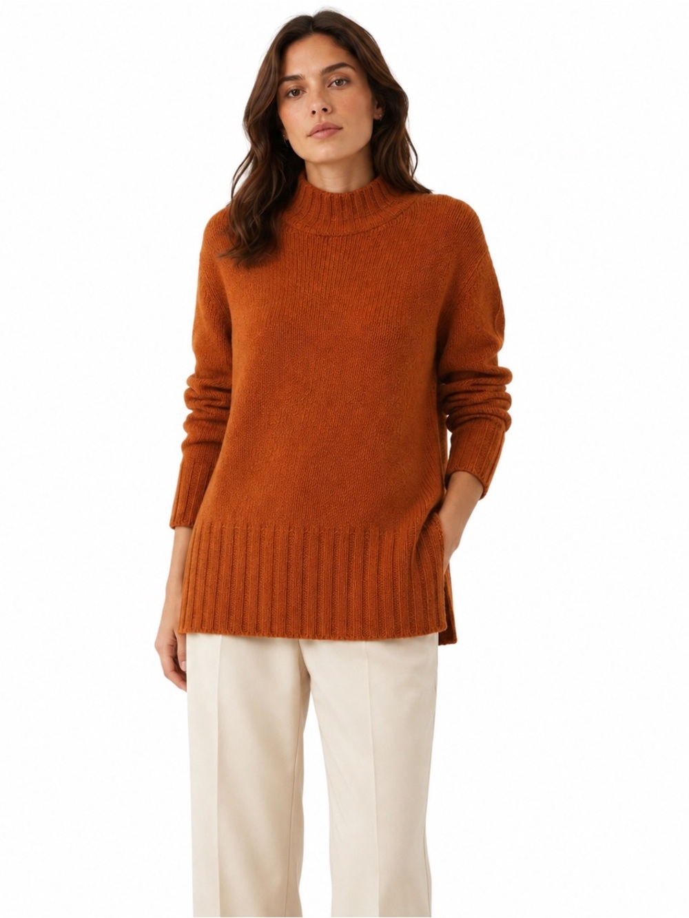 LIDA BADAY Cashmere Silk Wool Mock Neck Sweater Sz L Burnt Orange Luxury Tunic
